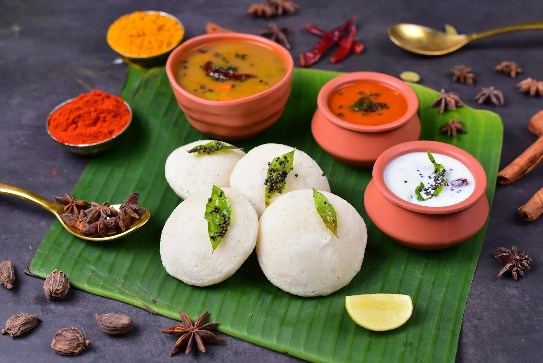 Idlis topped with curry leaves on a banana leaf, with terracotta bowls of sambar, chutney and yogurt and scattered whole spices