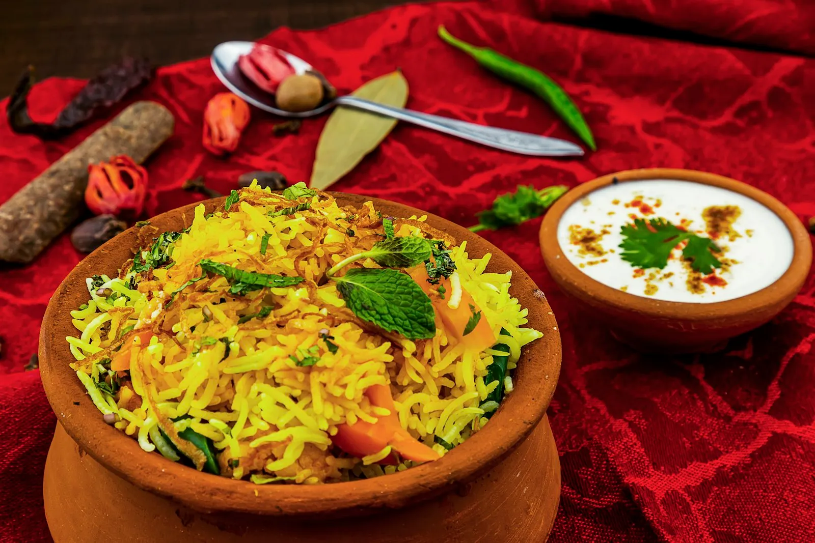 Clay pot of biryani garnished with mint beside a bowl of raita, whole spices and green chillies on a red cloth