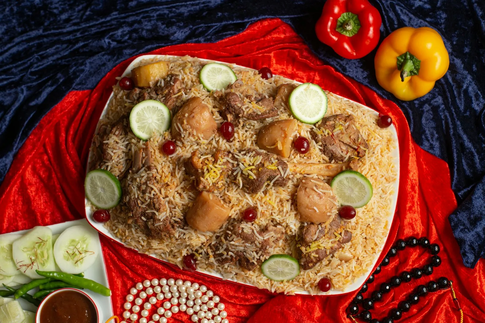 Platter of meat biryani with boiled eggs, potatoes and cucumber slices on a red cloth